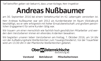 Traueranzeige von Andreas Nußbaumer von OÖNachrichten