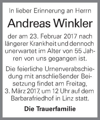 Traueranzeige von Andreas Winkler von OÖNachrichten
