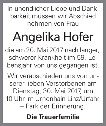 Traueranzeige von Angelika Hofer von OÖNachrichten