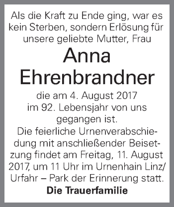 Traueranzeige von Anna Ehrenbrandner von OÖNachrichten