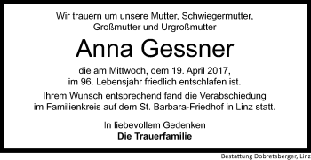 Traueranzeige von Anna Gessner von OÖNachrichten