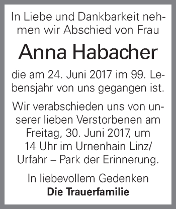 Traueranzeige von Anna Habacher von OÖNachrichten