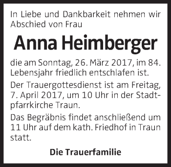 Traueranzeige von Anna Heimberger von OÖNachrichten