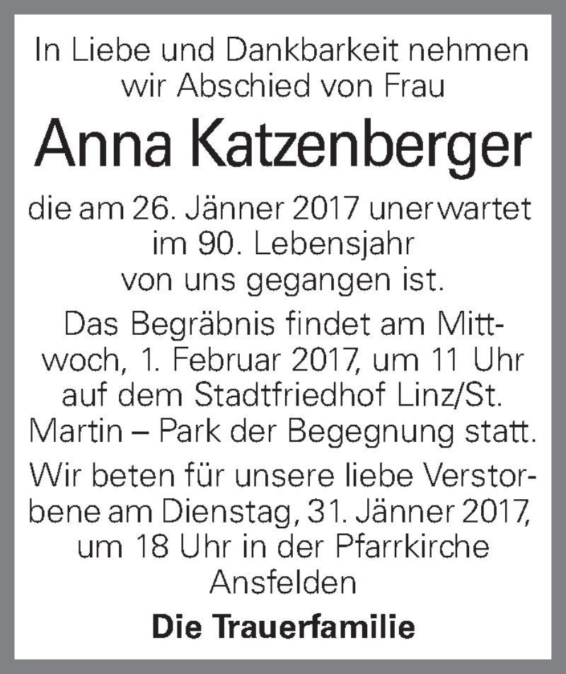  Traueranzeige für Anna Katzenberger vom 31.01.2017 aus OÖNachrichten