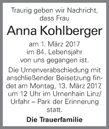 Traueranzeige von Anna Kohlberger von OÖNachrichten