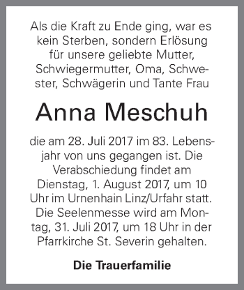 Traueranzeige von Anna Meschuh von OÖNachrichten