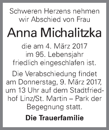 Traueranzeige von Anna Michalitzka von OÖNachrichten
