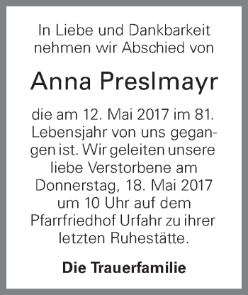 Traueranzeige von Anna Preslmayr von OÖNachrichten