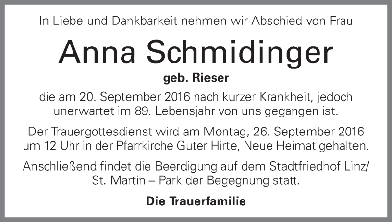  Traueranzeige für Anna Schmidinger vom 23.09.2016 aus OÖNachrichten