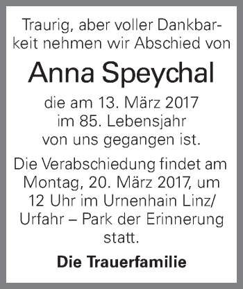 Traueranzeige von Anna Speychal von OÖNachrichten