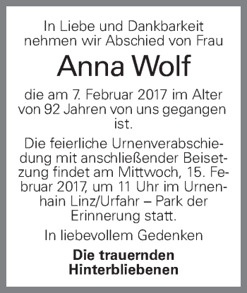 Traueranzeige von Anna  Wolf von OÖNachrichten