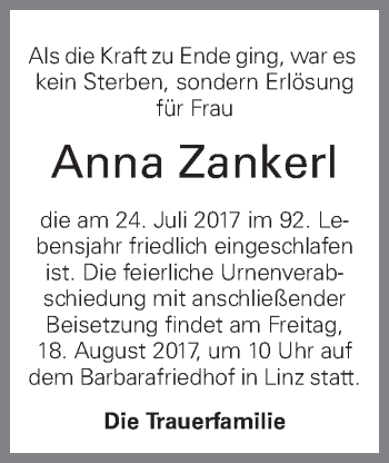 Traueranzeige von Anna Zankerl von OÖNachrichten