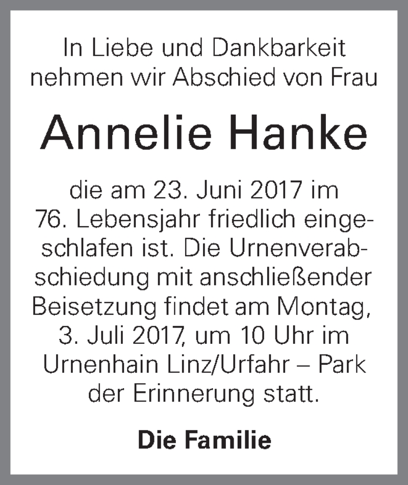  Traueranzeige für Annelie Hanke vom 30.06.2017 aus OÖNachrichten