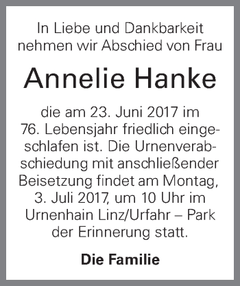 Traueranzeige von Annelie Hanke von OÖNachrichten