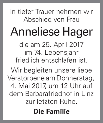 Traueranzeige von Anneliese Hager von OÖNachrichten