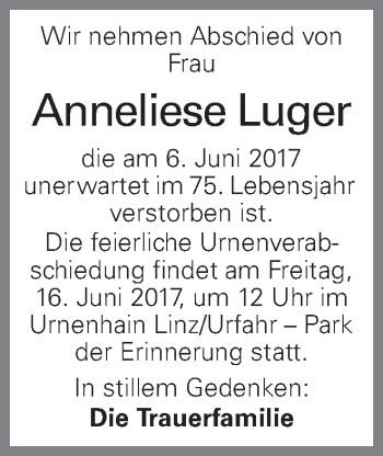 Traueranzeige von Anneliese Luger von OÖNachrichten