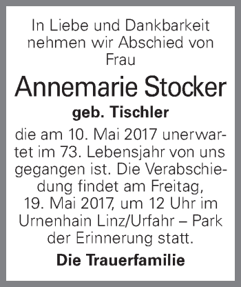 Traueranzeige von Annemarie Stocker von OÖNachrichten