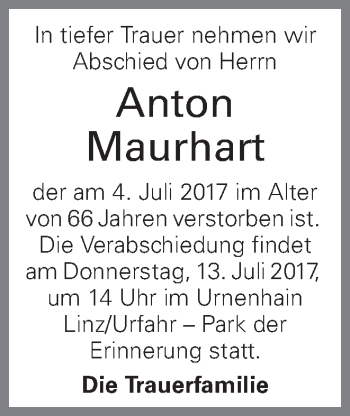 Traueranzeige von Anton Maurhart von OÖNachrichten