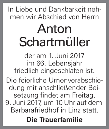 Traueranzeige von Anton Schartmüller von OÖNachrichten