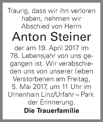 Traueranzeige von Anton Steiner von OÖNachrichten