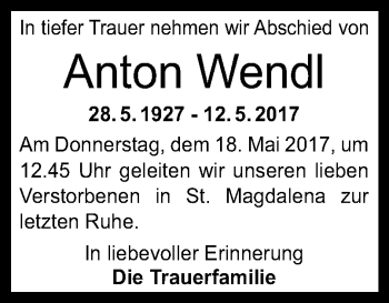 Traueranzeige von Anton Wendl von OÖNachrichten
