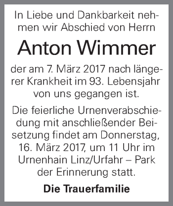 Traueranzeige von Anton Wimmer von OÖNachrichten