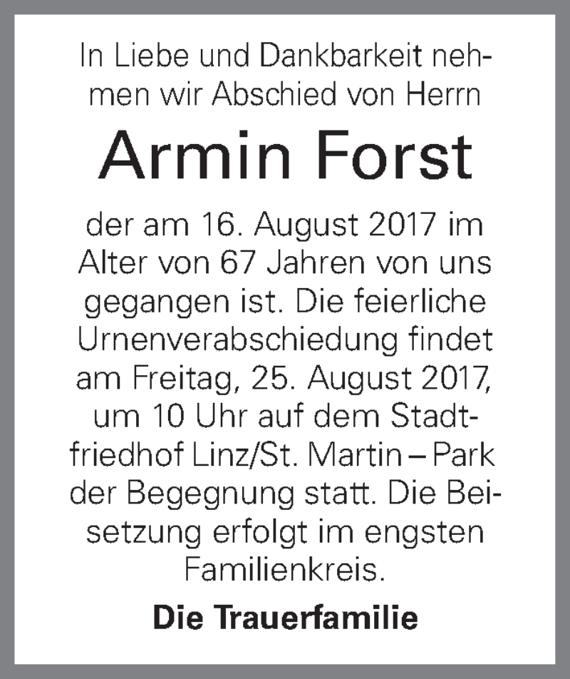 Traueranzeige für Armin Forst vom 23.08.2017 aus Oberösterreichische Nachrichten