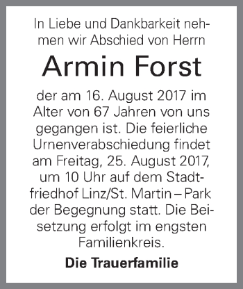 Traueranzeige von Armin Forst von Oberösterreichische Nachrichten