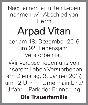 Traueranzeige von Arpad Vitan von OÖNachrichten