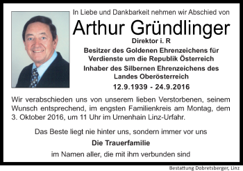 Traueranzeige von Arthur Gründlinger von OÖNachrichten