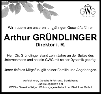 Traueranzeige von Arthur Gründlinger von OÖNachrichten