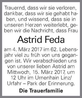 Traueranzeige von Astrid Feda von OÖNachrichten