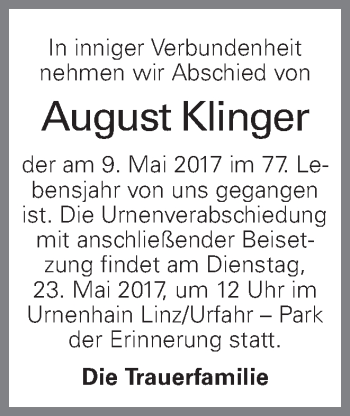 Traueranzeige von August Klinger von OÖNachrichten