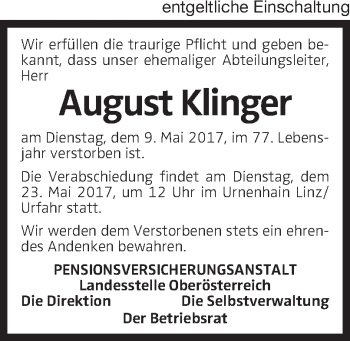 Traueranzeige von August Klinger von OÖNachrichten