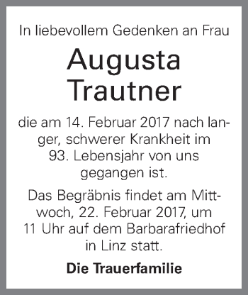 Traueranzeige von Augusta Trautner von OÖNachrichten