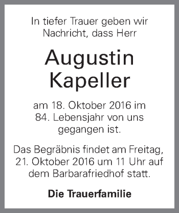 Traueranzeige von Augustin Kapeller von OÖNachrichten