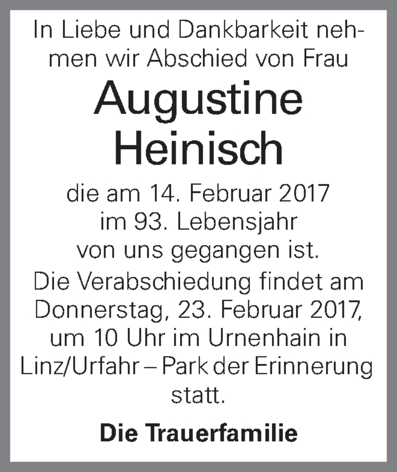  Traueranzeige für Augustine Heinisch vom 16.02.2017 aus OÖNachrichten