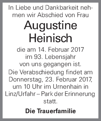 Traueranzeige von Augustine Heinisch von OÖNachrichten