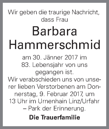Traueranzeige von Barbara Hammerschmid von OÖNachrichten