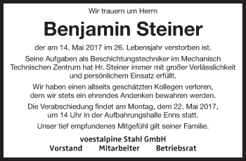 Traueranzeige von Benjamin Steiner von OÖNachrichten