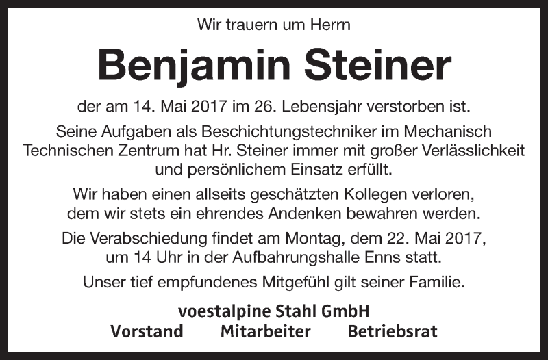  Traueranzeige für Benjamin Steiner vom 19.05.2017 aus OÖNachrichten