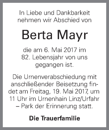 Traueranzeige von Berta Mayr von OÖNachrichten