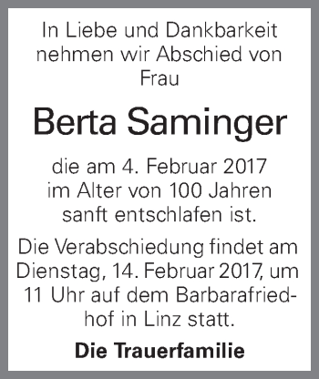 Traueranzeige von Berta Saminger von OÖNachrichten