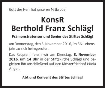 Traueranzeige von Berthold Franz Schlägl von OÖNachrichten