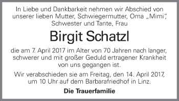 Traueranzeige von Birgit Schatzl von OÖNachrichten