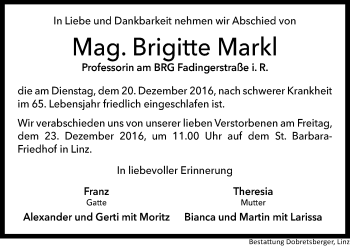 Traueranzeige von Brigitte Markl von OÖNachrichten