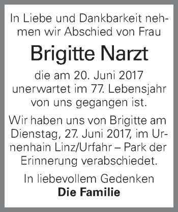 Traueranzeige von Brigitte Narzt von OÖNachrichten