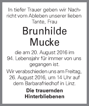 Traueranzeige von Brunhilde Mucke von OÖNachrichten