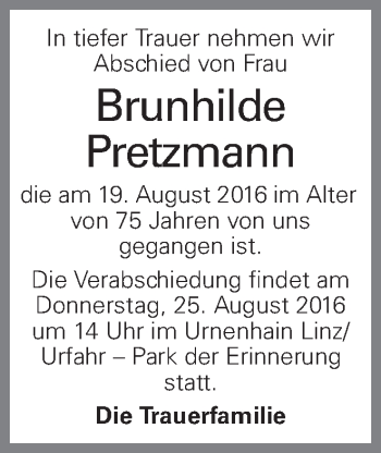 Traueranzeige von Brunhilde Pretzmann von OÖNachrichten