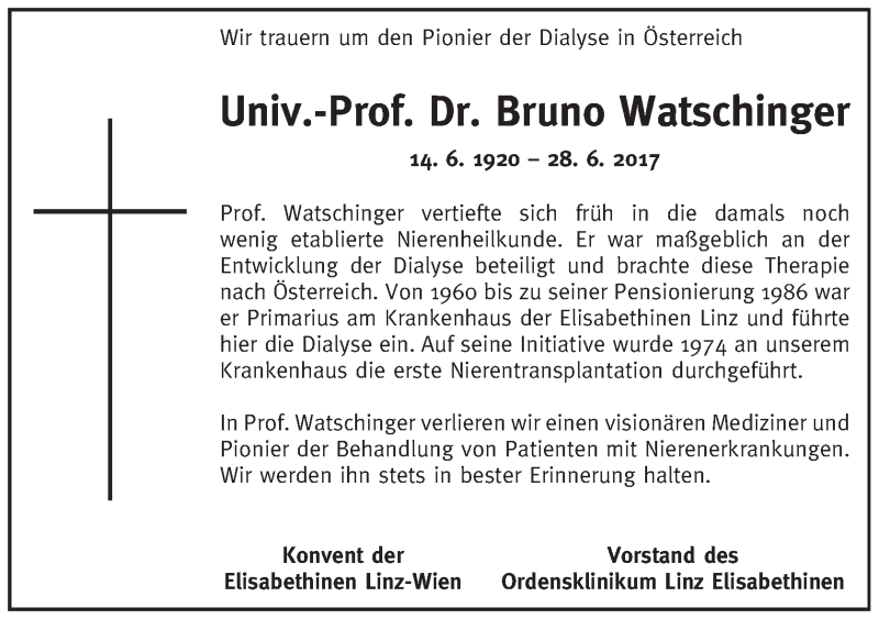  Traueranzeige für Bruno Watschinger vom 08.07.2017 aus OÖNachrichten